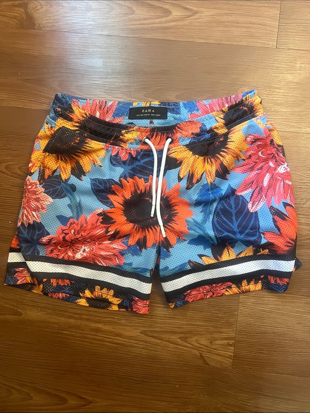Zara Men’s Blue Floral Swim Trunks with Orange & Yellow Sunflowers